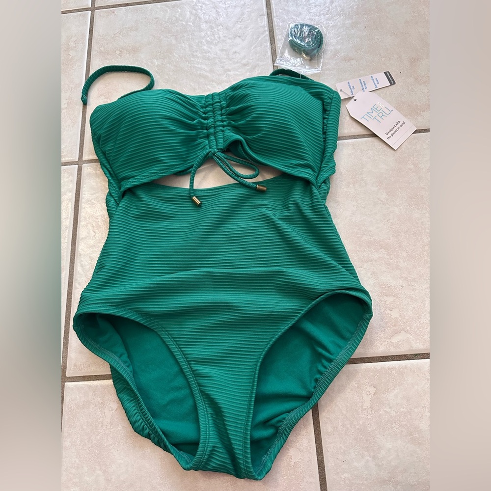 Time and Tru Women’s Teal Ribbed One-Piece Swimsuit with Tie Front